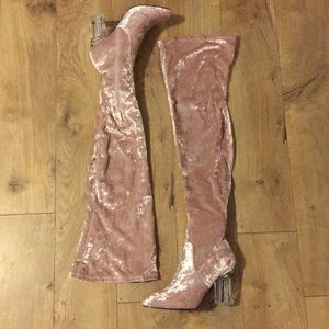 Thigh high rose gold velvet high heel boots